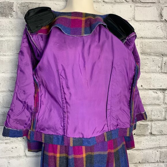 Vintage 80s Plaid Double Breasted Blazer Skirt Set Small Purple Blue Handmade - Picture 7 of 16